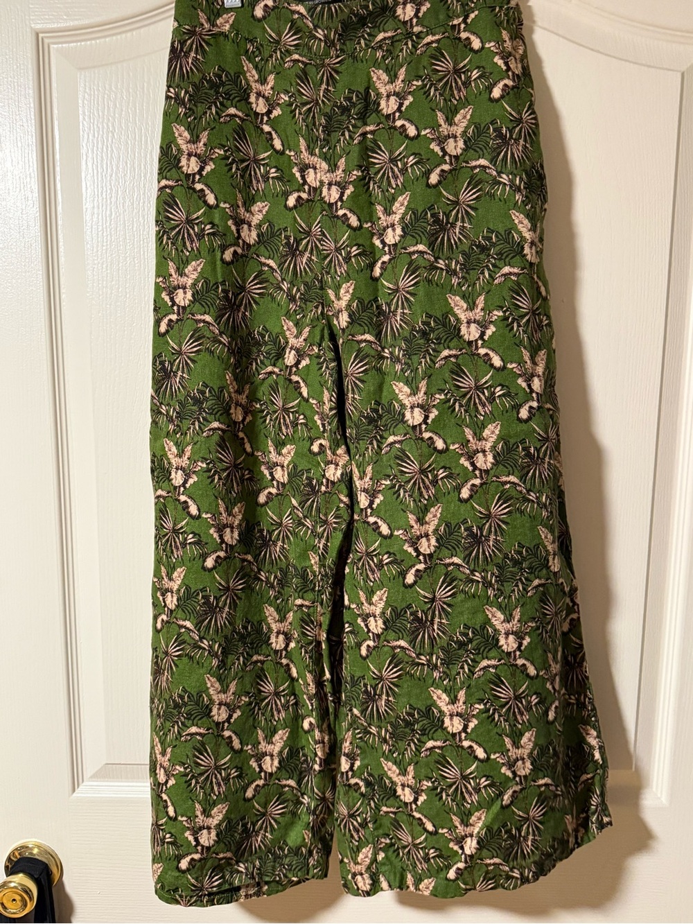 Tahari Green Floral Wide-Leg women’s European FLAX Pants with brown Accents